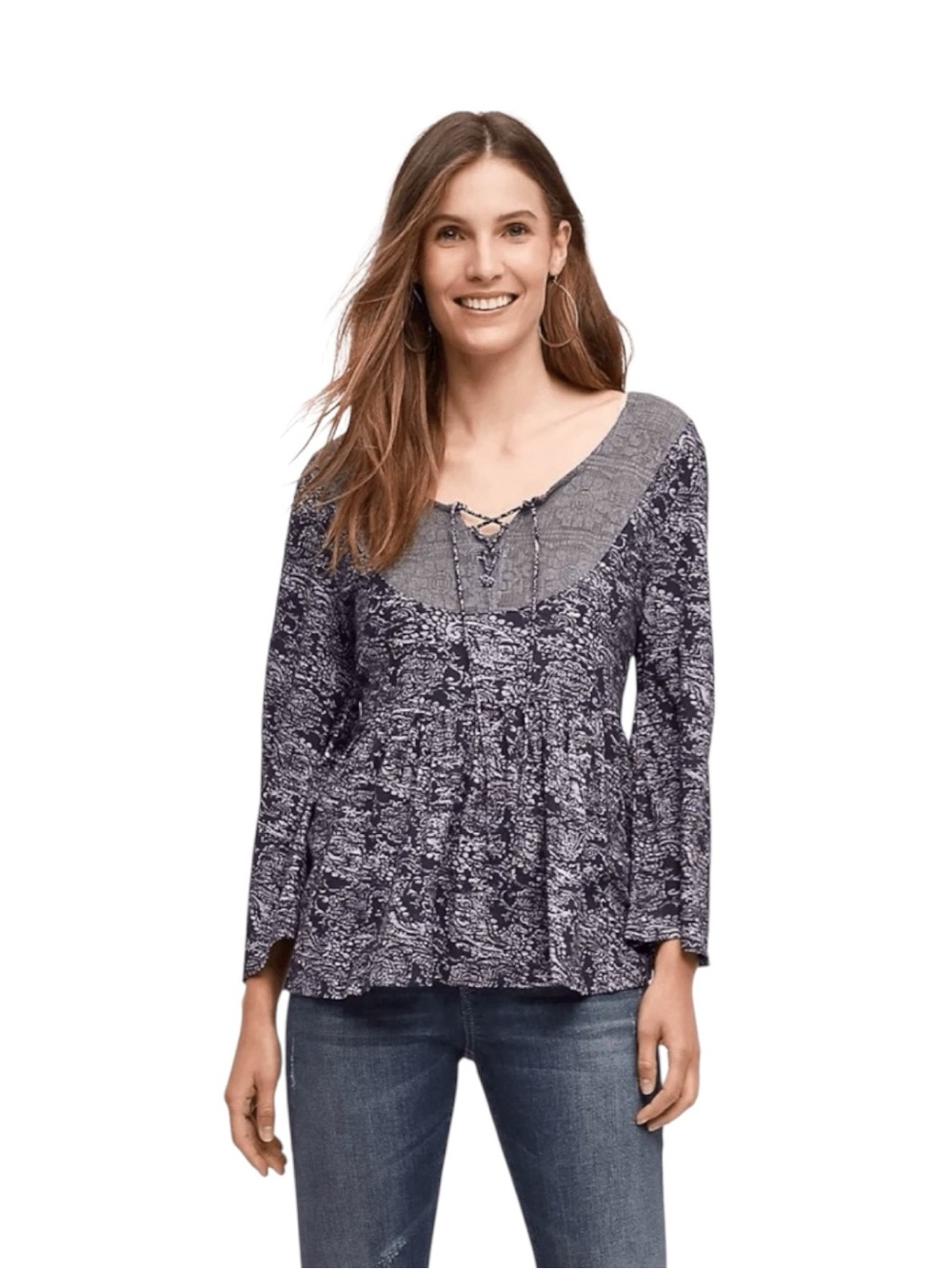 Anthropologie Akemi + Kin Marcella Damask Blue Mixed-Print Lace-Up Peasant Tunic